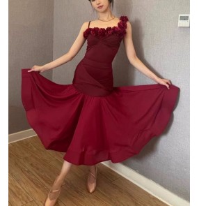 Women girls wine black one sholulder ballroom dance dresses flowers waltz tango foxtrot smooth dance rhythm performance long gown for female